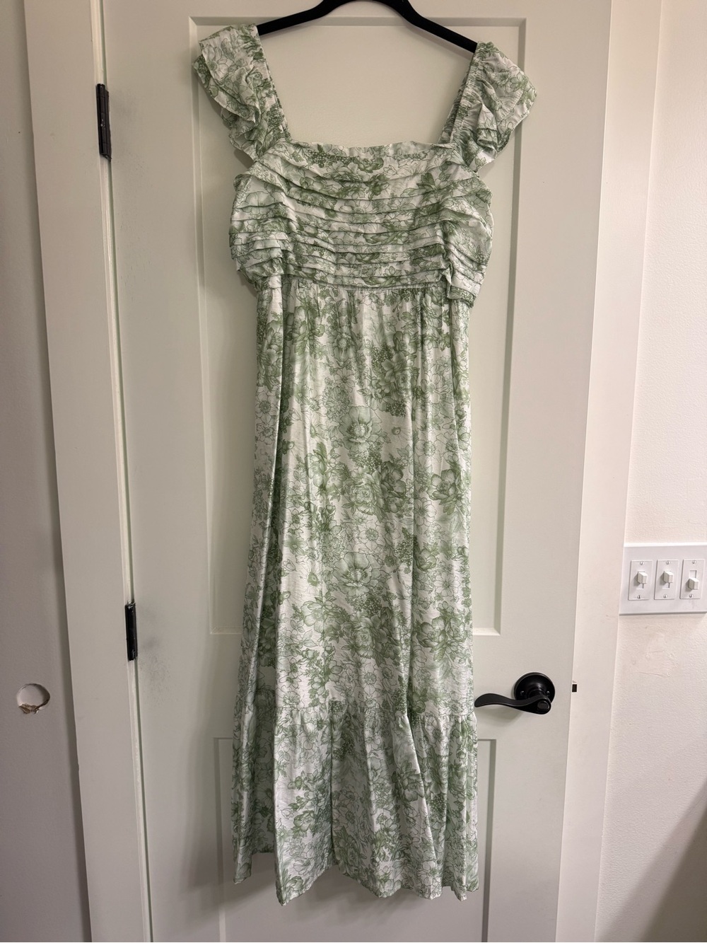 Blu Pepper White Maxi Dress with Light Green Floral Print and Ruffle Straps